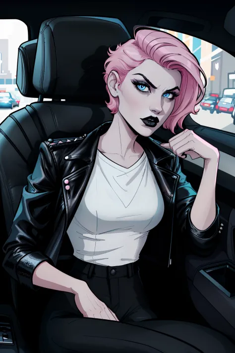 closup face of a woman, sitting inside a rolls-royece car backseat, black seat, pale blue eyes, detailed short pink hair Short Side Comb haircut, angry expression, black lipstick, small tits, wearing a leather jacket, black pants, shirt, white shirt, comic...