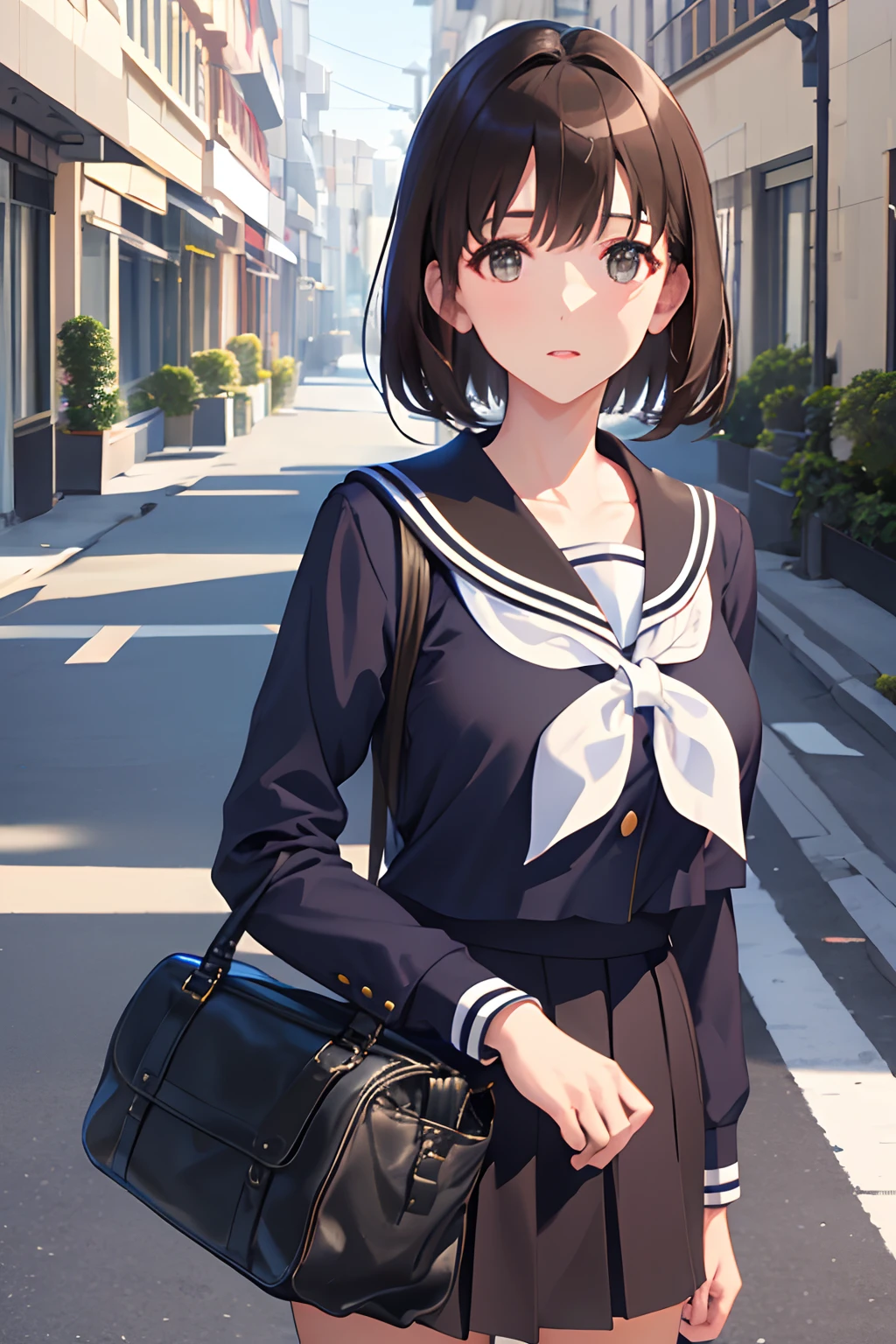 (masterpiece:1.6, best quality), (finely detailed beautiful eyes: 1.2),  ph_katou, katouhdlong, katouhd, 1girl, solo, black school uniform, short hair, skirt, bangs, brown eyes, brown hair, pleated skirt, black socks, kneehighs, school bag, serafuku, collarbone, long sleeves, sailor collar, street, outdoors,