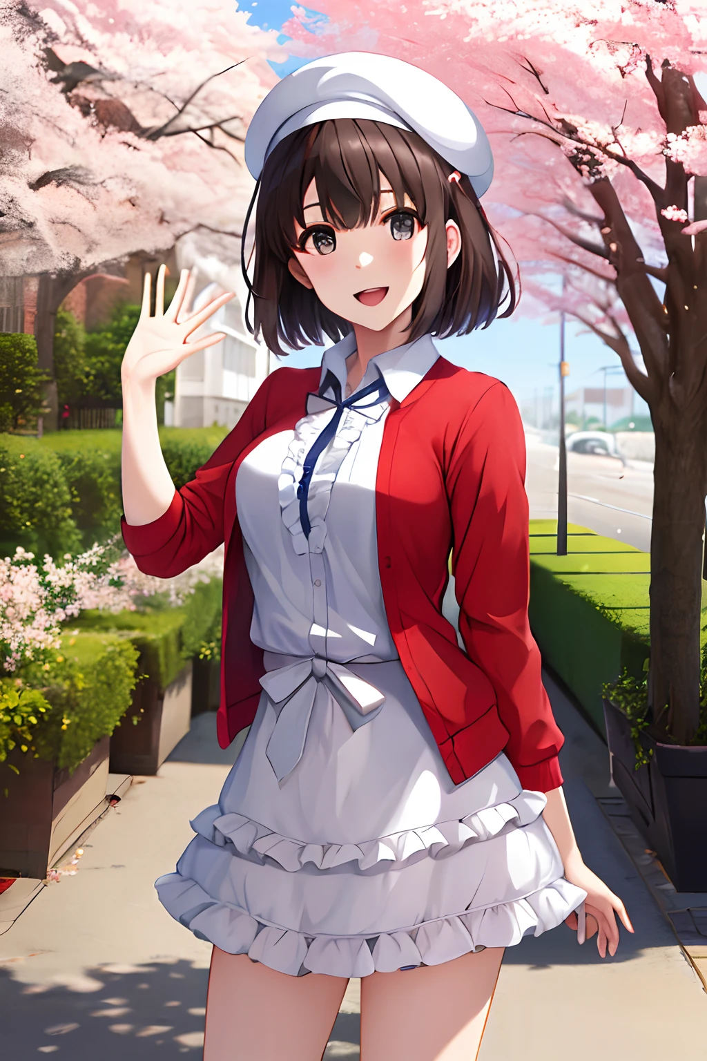 masterpiece, best quality, highres, hmkm1, short hair, white headwear, beret, red cardigan, white dress, frills, ribbon, long sleeves, open clothes, medium breasts, cowboy shot, standing, cherry blossoms, outdoors, smile, waving, open mouth