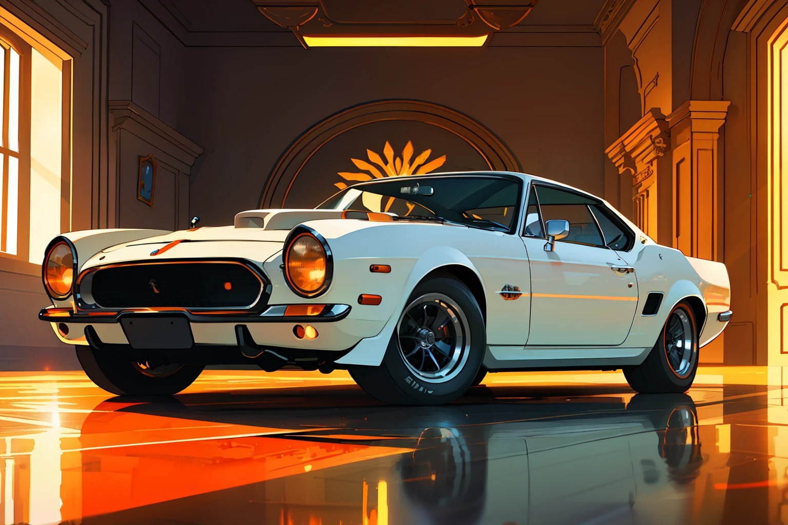 (masterpiece)+, (Best Quality)+, (Intricate Detail)+, design me the most beautiful car in the world, white paint with orange highlights, showroom concept, lens flare, camera artefact, professional photographer, 4k, HDR, longitudinal symmetry