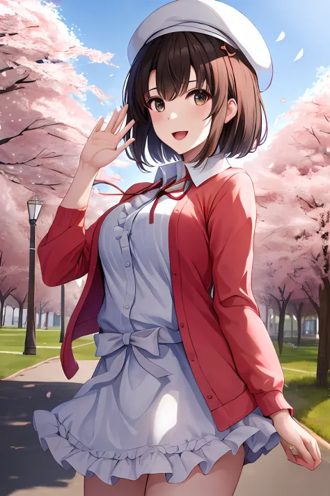 masterpiece, best quality, highres, hmkm1, short hair, white headwear, beret, red cardigan, white dress, frills, ribbon, long sleeves, open clothes, medium breasts, cowboy shot, standing, cherry blossoms, outdoors, smile, waving, open mouth