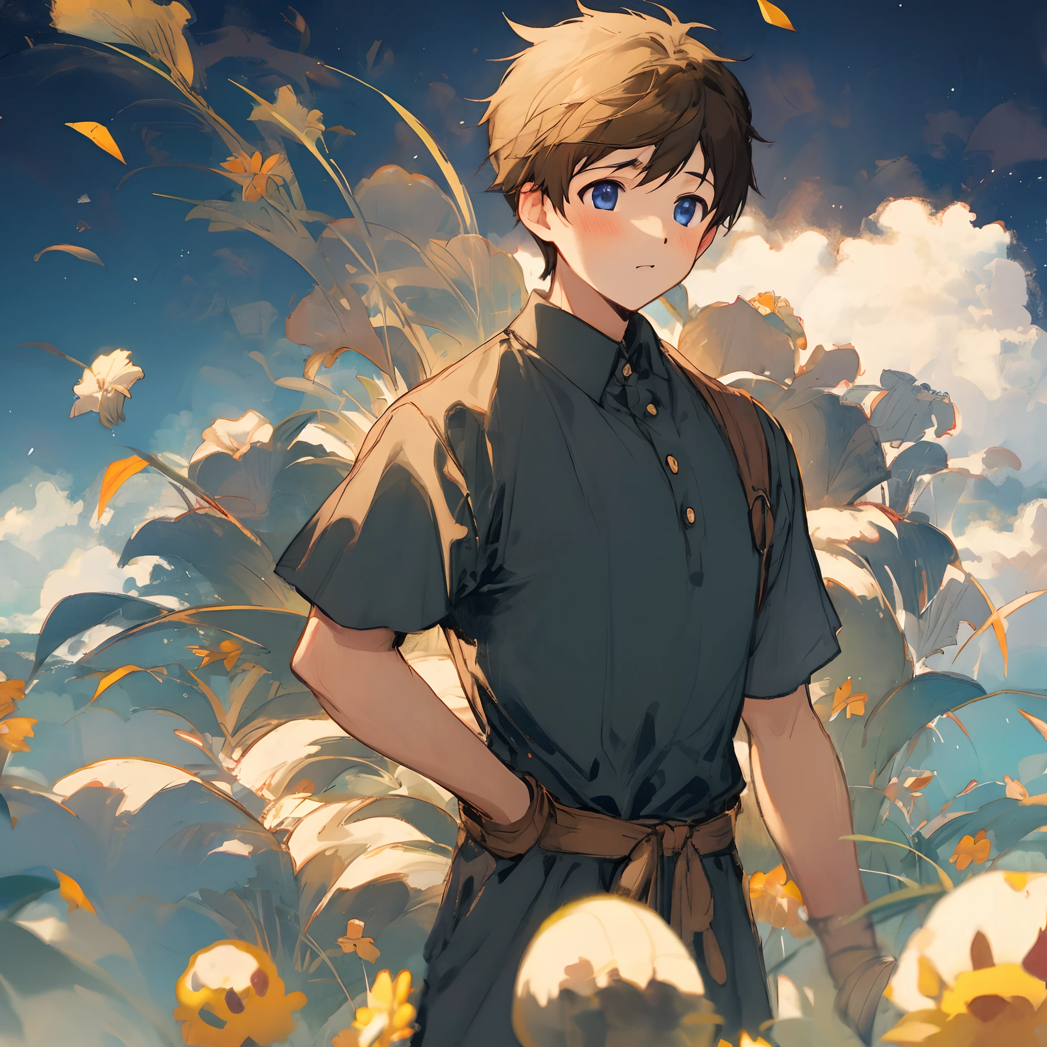 Anime boy standing in a field of flowers with a sky background - SeaArt AI