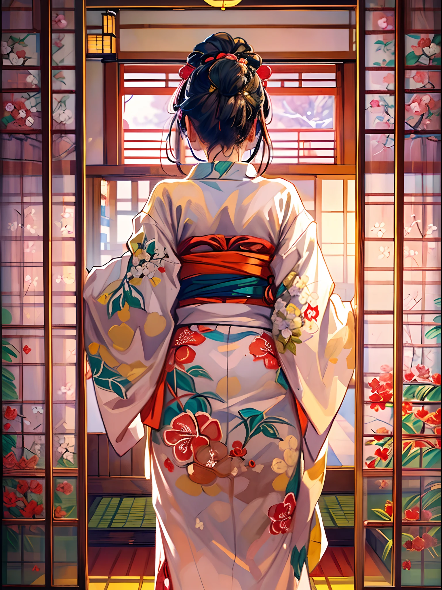 (Ein atemberaubendes Meisterwerk mit tadelloser Qualität:1.5), von hinten gefangen, schaue auf ihren Arsch, Schnur, mit lebendigen, gesättigte Farben, ein schönes Mädchen, Detailliertes Gesicht und Augen, traditional red Schnur, Schönheit Japans, umgeben vom authentischen Ambiente der Tatami-Matten, mit einem offenen Fenster, das die Szene umrahmt
