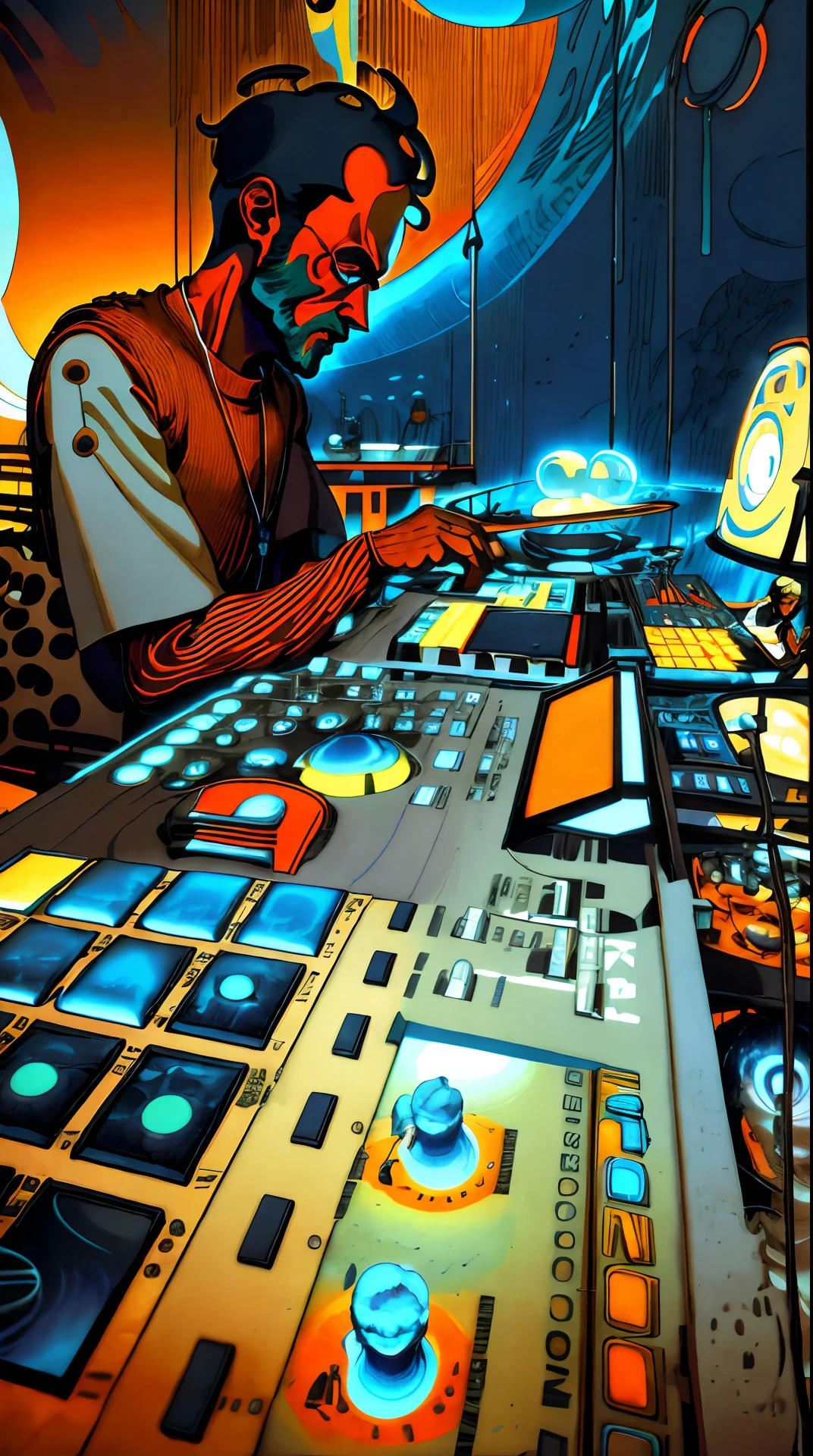 arafed man sitting at a desk with a computer and a sound board, playing techno house music, tending on art station, turntablism dj scratching, tranding on art station, tredning on art station, mixing solarpunk, in his basement studio, hyperdetailed mix, turntablist, in a studio