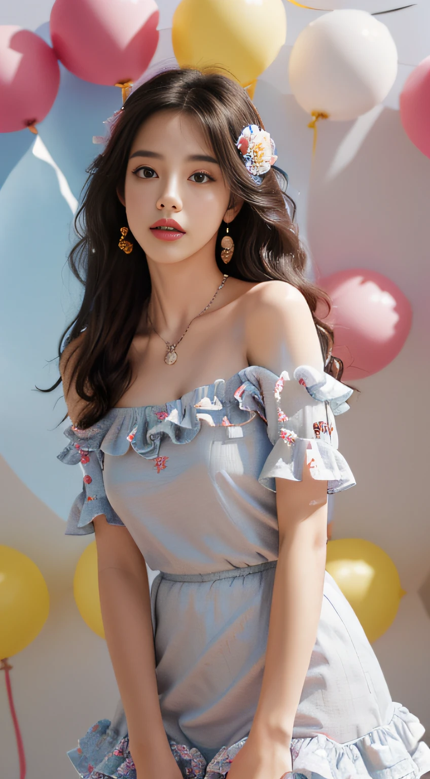 Girl, solo, jewelry, long hair, necklace, earrings, looking at the audience, cowboy camera, off shoulder, wavy hair, bare shoulders, the whole picture is bright, background is white wall, gray eyes, lips, parted lips, skirt, ruffles, (red dress :1.3), colored balloons, blue red yellow balloons, Winnie the Pooh, (flower background :1.5),