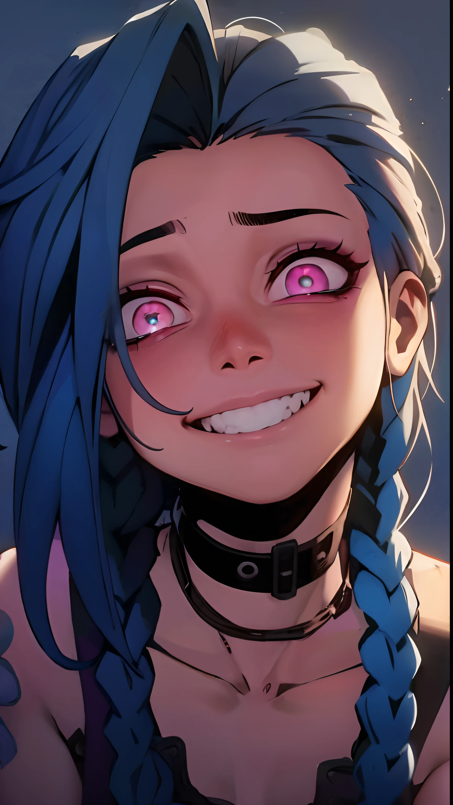 a close up of a person with blue hair and pink eyes, jinx face, jinx expression, portrait of jinx from arcane, Jinx de League of Legends, Jinx, Arcanum, with glowing eyes, evil smile and glowing eyes,  anime with hammer hair, jinx arcane, face ahegao, 2 d anime style, glowing eyes everywhere, marvelous expression
