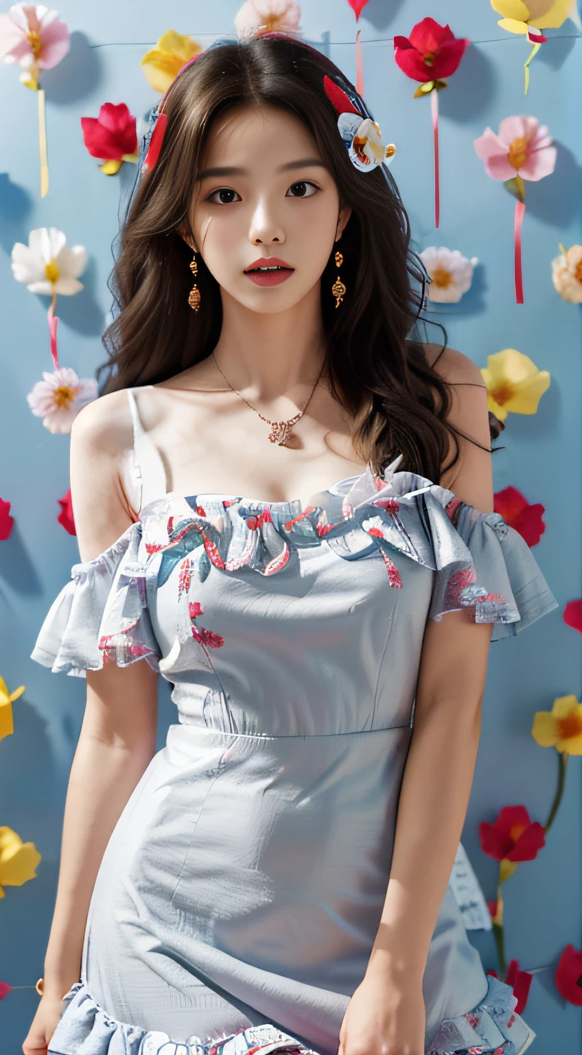 Girl, solo, jewelry, long hair, necklace, earrings, looking at the audience, cowboy camera, off shoulder, wavy hair, bare shoulders, the whole picture is bright, background is white wall, gray eyes, lips, parted lips, skirt, ruffles, (red dress :1.3), colored balloons, blue red yellow balloons, Winnie the Pooh, (flower background :1.5),