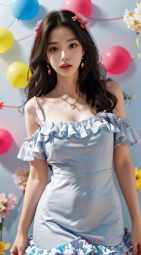 Girl, solo, jewelry, long hair, necklace, earrings, looking at the audience, cowboy camera, off shoulder, wavy hair, bare shoulders, the whole picture is bright, background is white wall, gray eyes, lips, parted lips, skirt, ruffles, (red dress :1.3), colo...