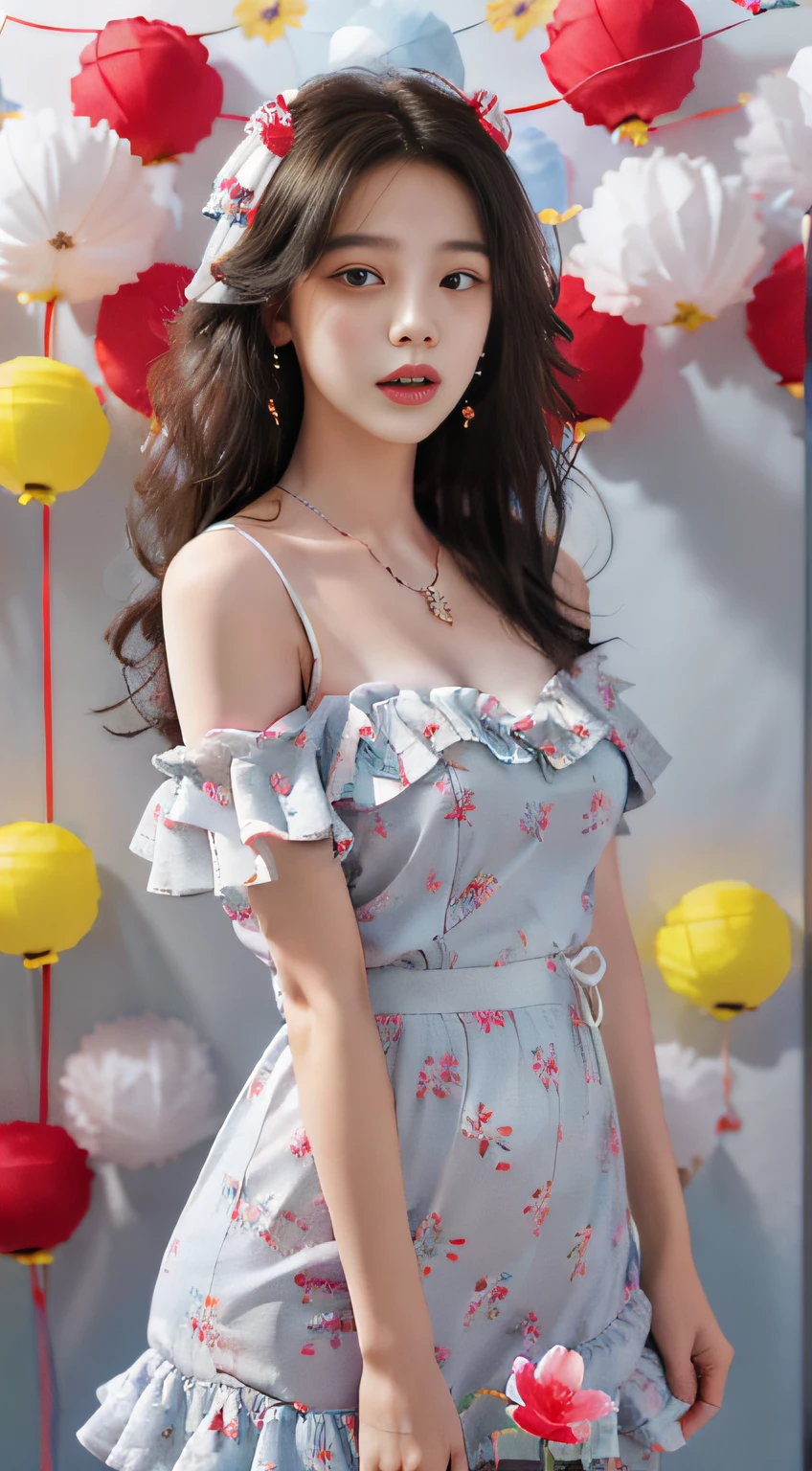 Girl, solo, jewelry, long hair, necklace, earrings, looking at the audience, cowboy camera, off shoulder, wavy hair, bare shoulders, the whole picture is bright, background is white wall, gray eyes, lips, parted lips, skirt, ruffles, (red dress :1.3), colored balloons, blue red yellow balloons, Winnie the Pooh, (flower background :1.5),