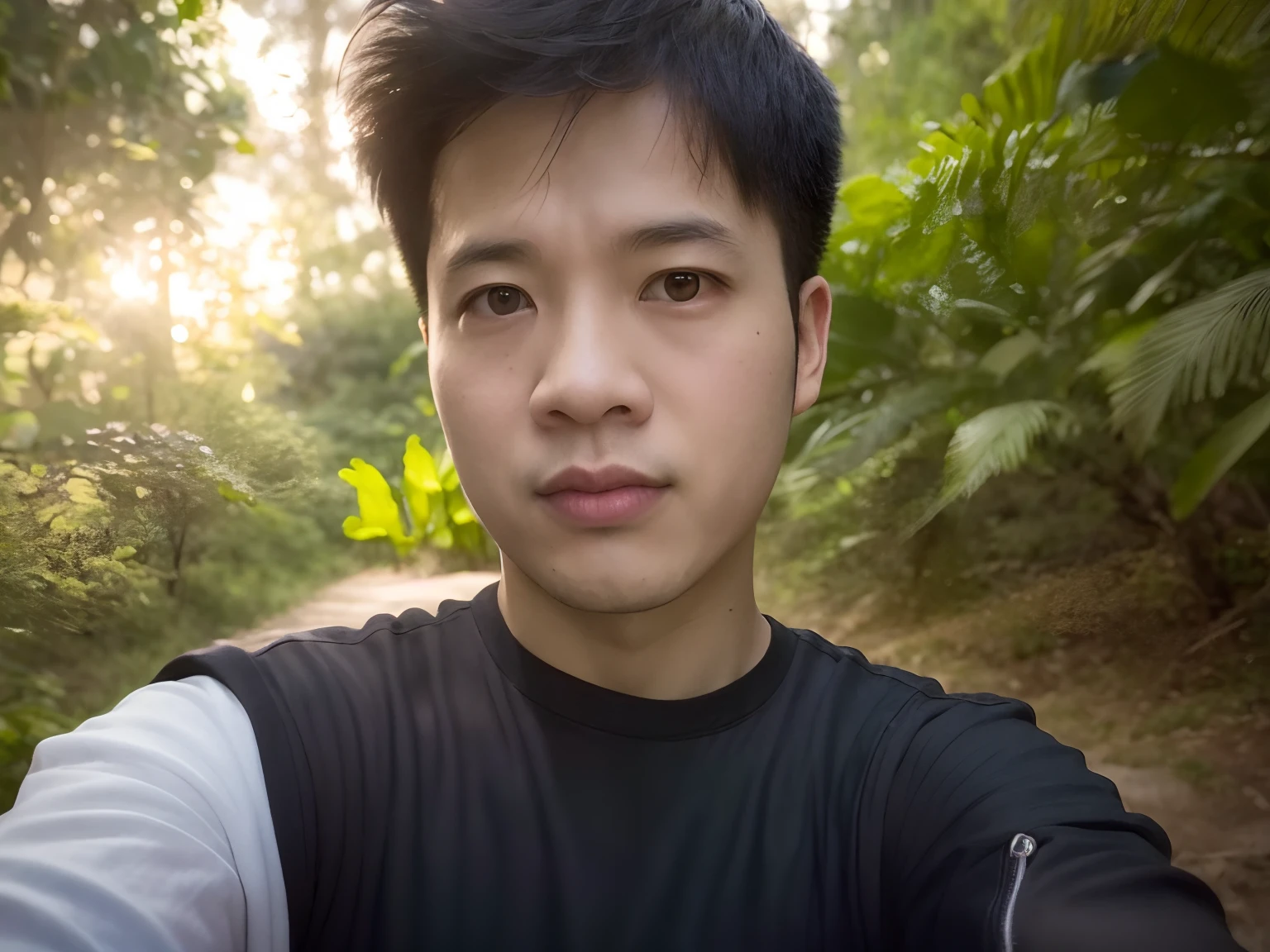 There was a man taking a selfie in the woods, in front of a forest background, xintong chen, 8k selfie photograph, thawan duchanee, damien tran, Selfie Photos, in jungle, at a forest, kakar cheung, ren heng, in jungle forest !!!, Leng Jun, steve zheng, kevin hou