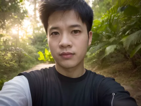 There was a man taking a selfie in the woods, in front of a forest background, xintong chen, 8k selfie photograph, thawan duchan...