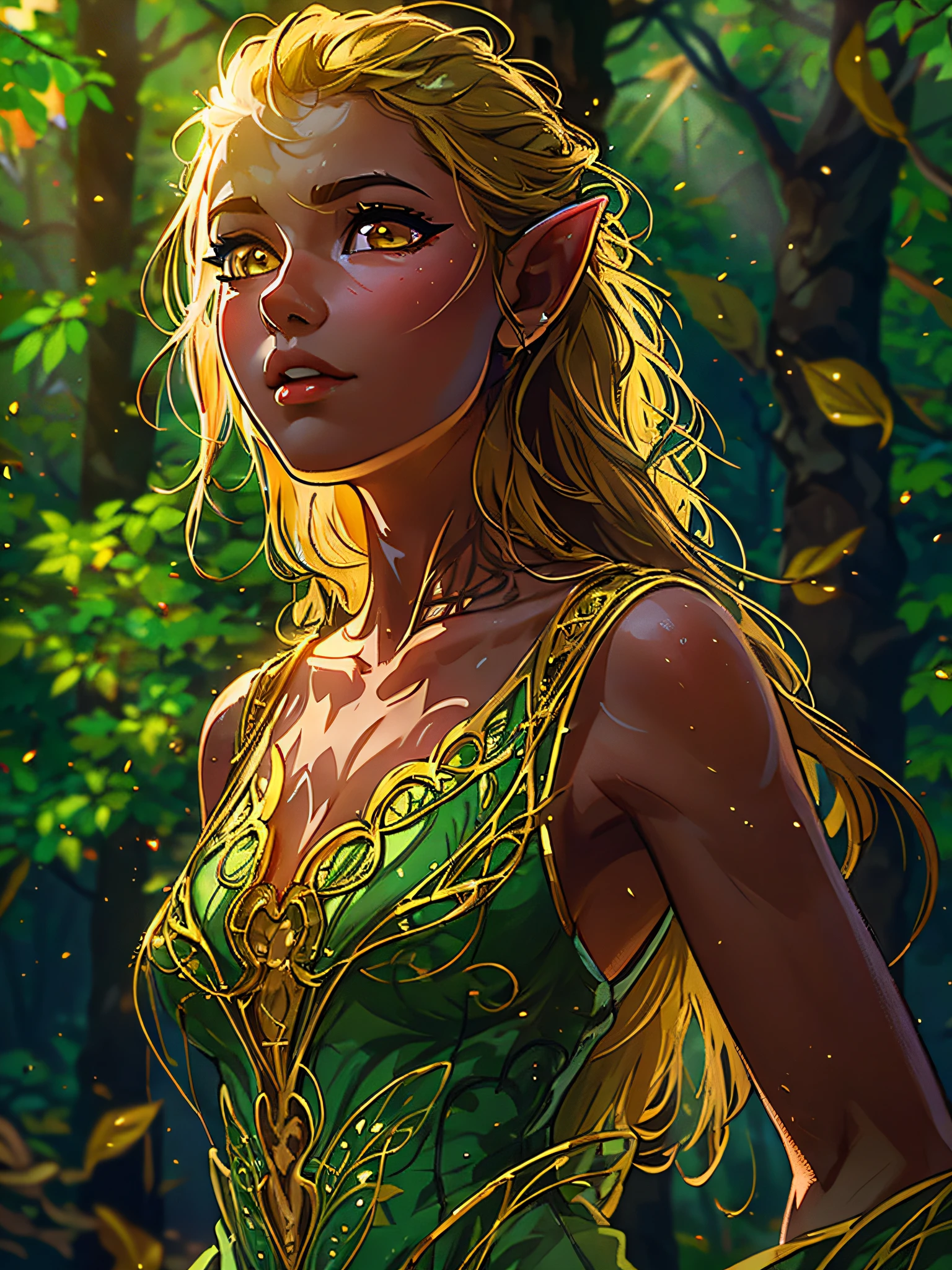 (8k, RAW photo, highest quality), beautiful girl, close up, dress, front side, (detailed eyes:0.8), looking away:1.4), (highest quality), (best shadow), intricate details, A majestic elven woman confidently undresses in the serene forest, her dress falling over her legs, revealing her slender, lean body in the sun's golden rays.