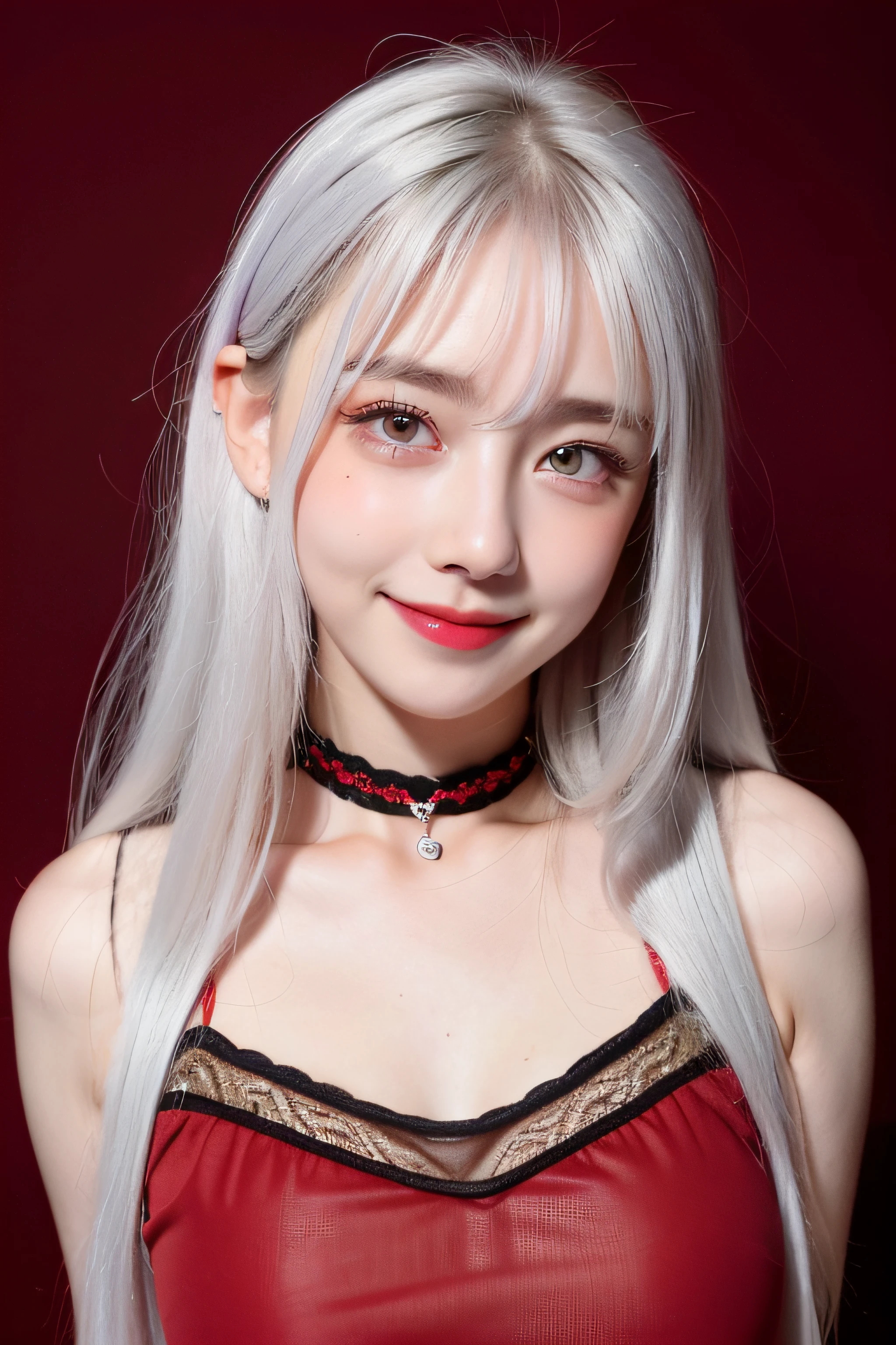 1girll, Heart-shaped pupils, finger nails, White hair, Purple eyes, (Blush:1.1), choker necklace, Upper body, Trembling, Sweat, drops of sweat, Heart, (Medium breasts:0.6), Love, Heart, Crop top, cheerfulness, Smile,  Lace, Bokeh, (freckle:0.8), Natural skin texture, Portrait, (Red_Background:1.3),