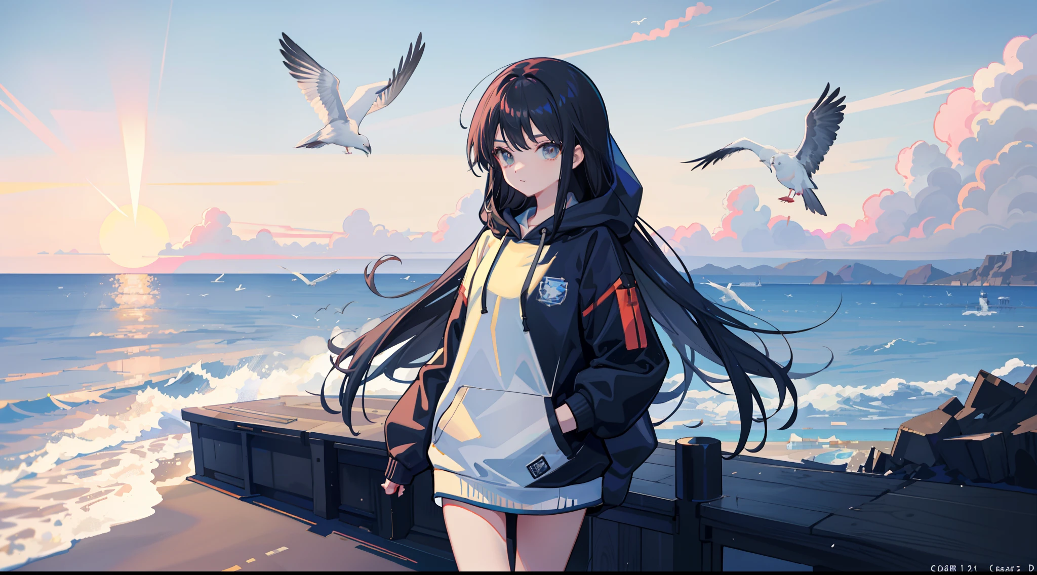 teens girl，Hooded sweatshirt，校服，black long straight hair，with fair skin，Slim，sea beach，breakwater，Skysky，​​clouds，seagulls，Detailed background，vessels