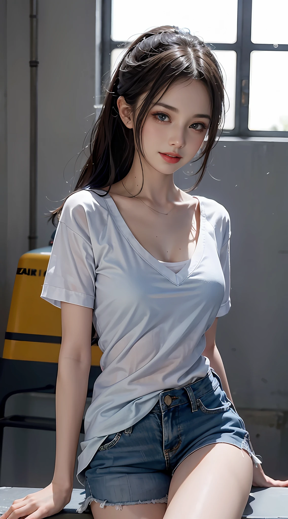 A girl, on the playground after school, ((fully visible)), away from the spectators. She is a beautiful, pretty, cute, cute, young, teenager. She is slim, slender, petite, thin, (big breasts), (big breasts), (big breasts). She was sweaty, wet, and drenched. The clothes are transparent, there is sweat on the skin, and the hair is wet. She grinned and smiled. She looks natural, relaxed and unpretentious. Scheming face. Make faces. (sticking out his tongue), telling a secret, hiding a secret, shyness, excitement. She stared at the audience. She wears a black ponytail. She wore a school uniform, a rolled up white shirt with a blue collar, a colored corduroy sports bra under the shirt, blue shorts, and two layers. Shirt lift,. Camera focused on her face, light shining on her face, very large aperture, ((f/1.2)), shallow depth of field, strong blur in background lens, ISO 3000, auto white balance, extremely detailed, professional lighting, soft light, raw photos, Uniqlo fashion models, best quality, masterpiece, award-winning photography, huge file size, 8k, high resolution, shot on Sony DSLR.