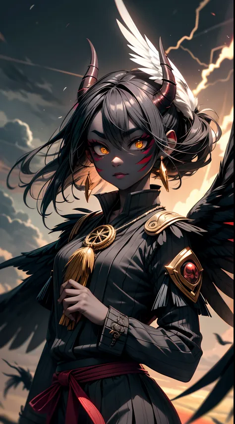 oni, demon girl, avian-themed face markings, feathered horns, raven-black hair, avian, stormy ((dark gray skin)), sky citadel, o...