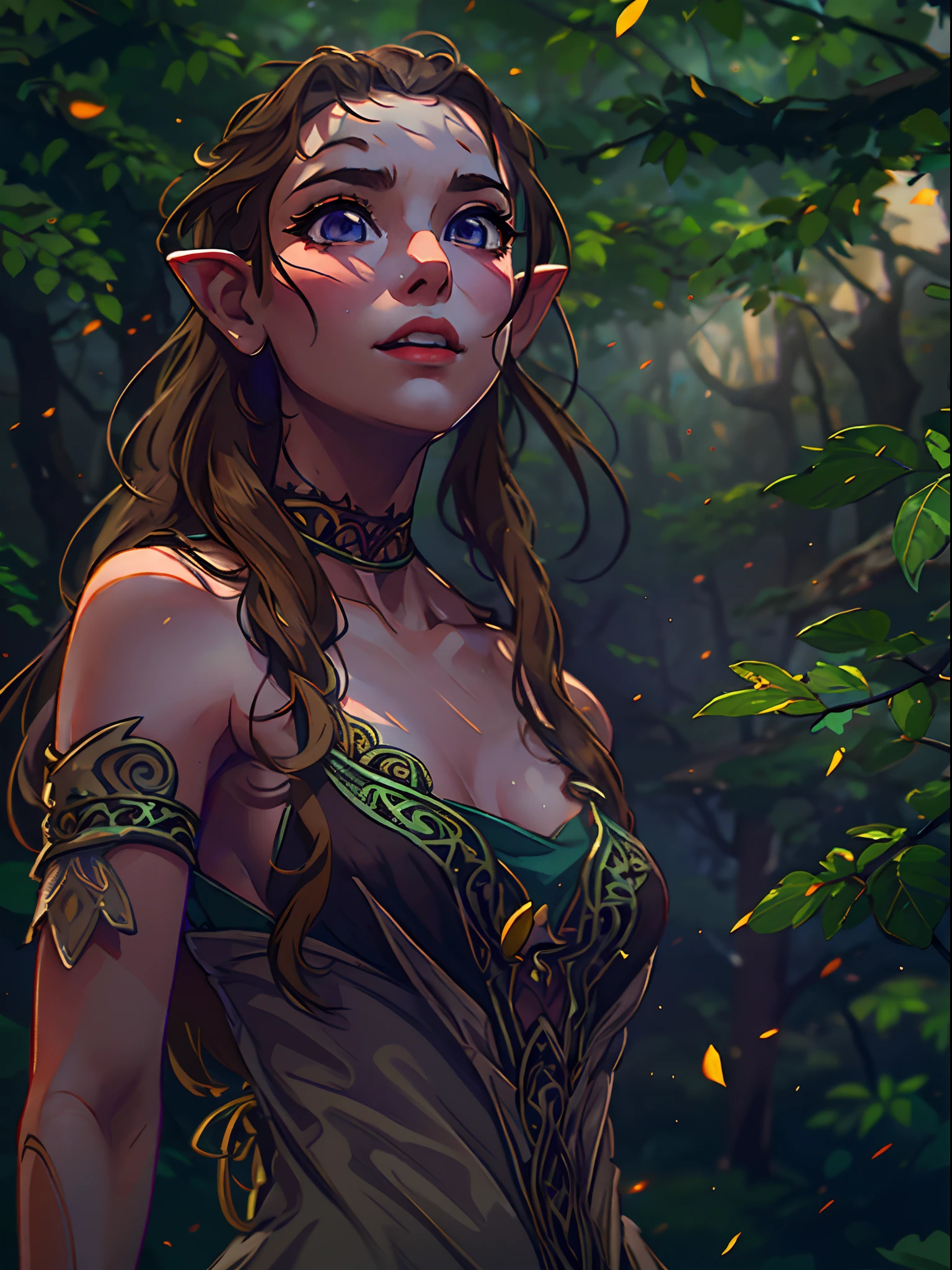 (8k, RAW photo, highest quality), beautiful girl, close up, dress, front side, (detailed eyes:0.8), looking away:1.4), (highest quality), (best shadow), intricate details, A elven woman undresses in the serene forest, her dress falling over her legs, upper body, flat chest, small breast, ribb