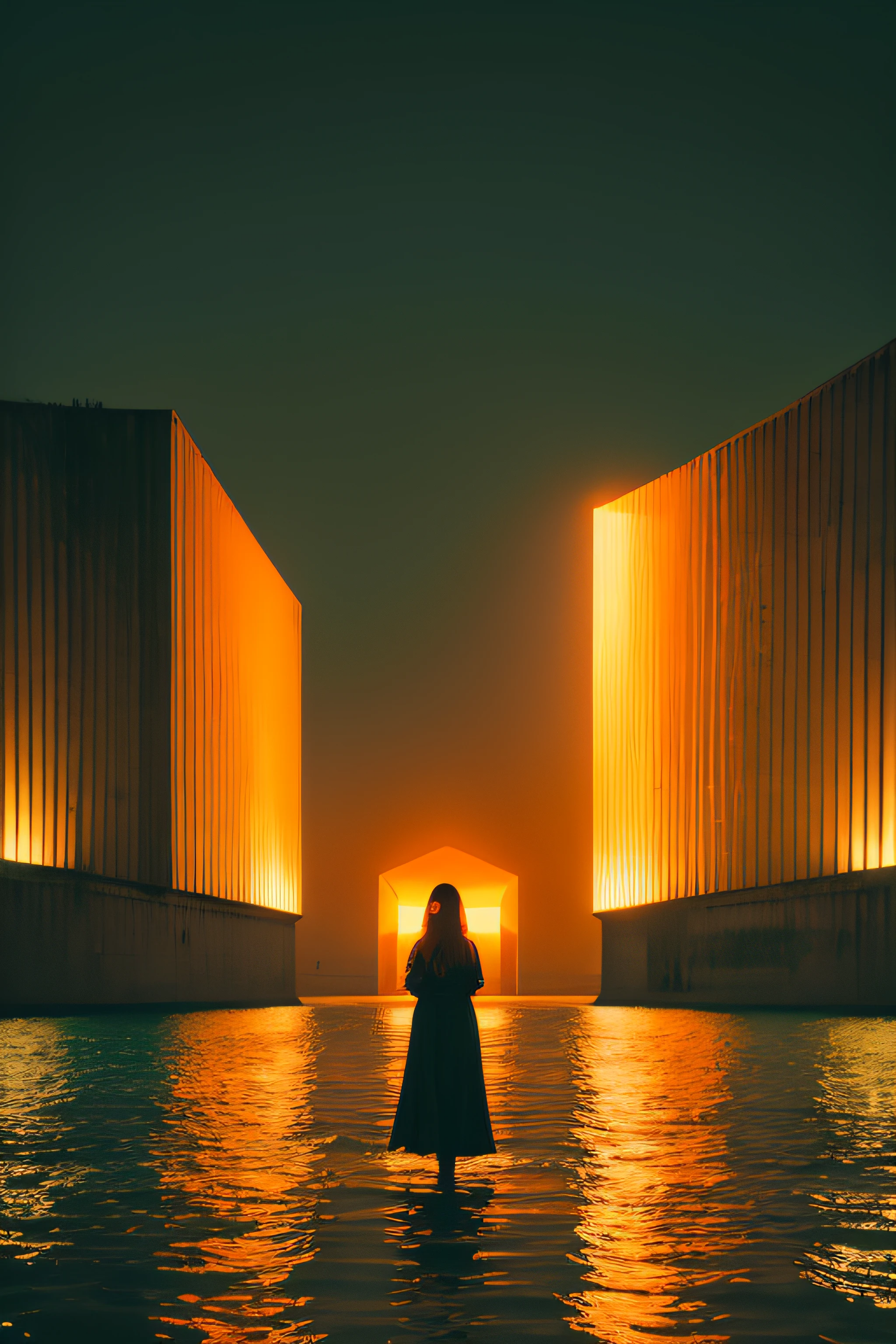 An orange wall of light in a lake on a night, in the style of matte painting, rectangular fields, minimalist portraits, oversized objects, 32k uhd, light emerald, gothic references, cinematic shot, woman standing in from of modern concrete structure emitting orange light, detailed face close up