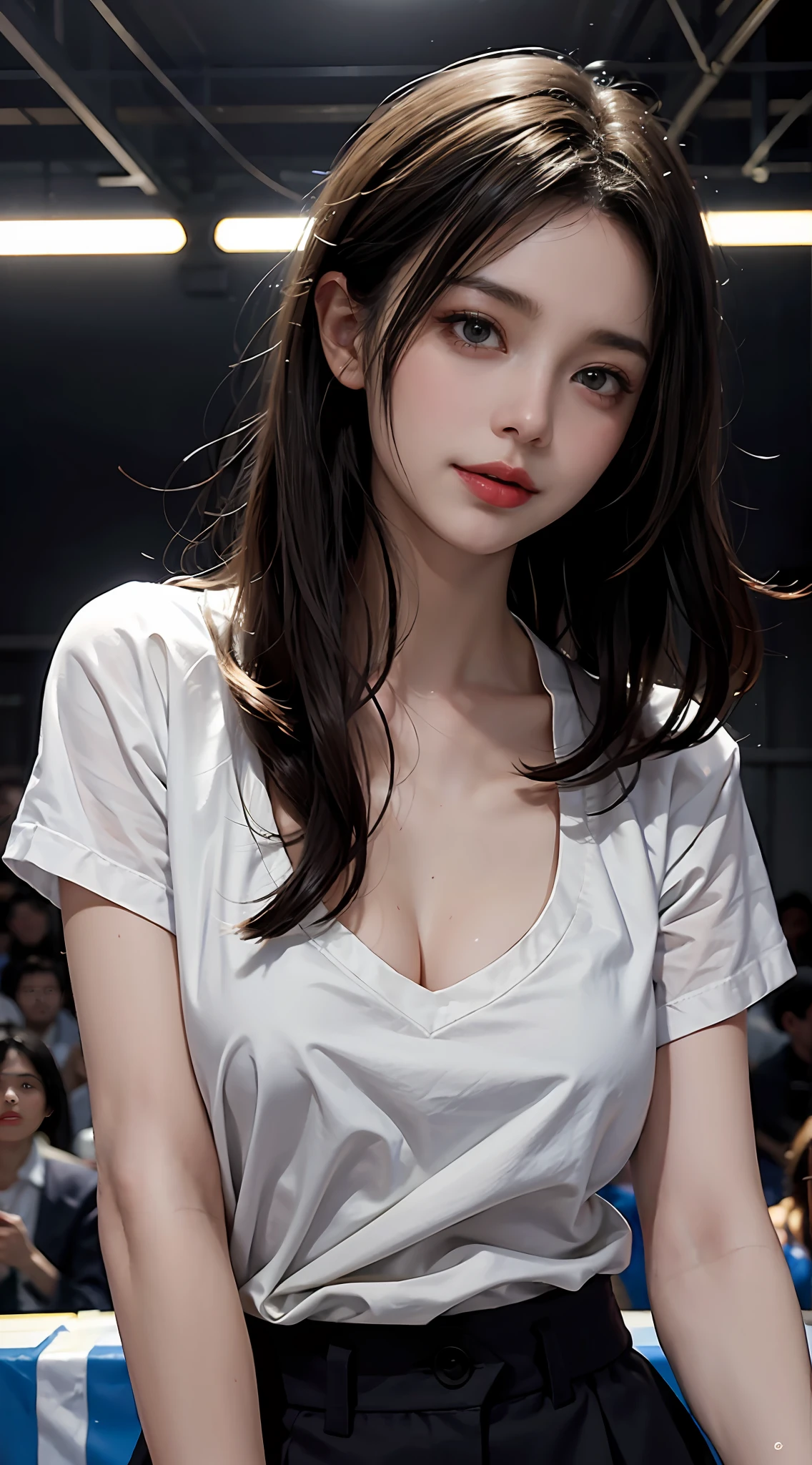 A girl, on the basketball court, ((fully visible)), away from the spectators, beautiful, pretty, cute, cute, young, teenager, slim, slender, petite, thin, (big breasts), (big breasts), (big breasts). She was sweaty, wet, and drenched, The clothes are transparent, there is sweat on the skin, and the hair is wet, She grinned and smiled, She looks natural, relaxed and unpretentious. Scheming face, Make faces, (sticking out his tongue), telling a secret, hiding a secret, shyness, excitement, She stared at the audience, black long layer hair, She wore a school uniform, a rolled up shirt with a collar, a colored corduroy sports bra under the shirt, leather shorts, two layers, Shirt lift, Camera focused on her face, light shining on her face, very large aperture, ((f/1.2)), shallow depth of field, strong blur in background lens, ISO 3000, auto white balance, extremely detailed, professional lighting, soft light, raw photos, Uniqlo fashion models, best quality, masterpiece, award-winning photography, huge file size, 8k, high resolution, shot on Sony DSLR.