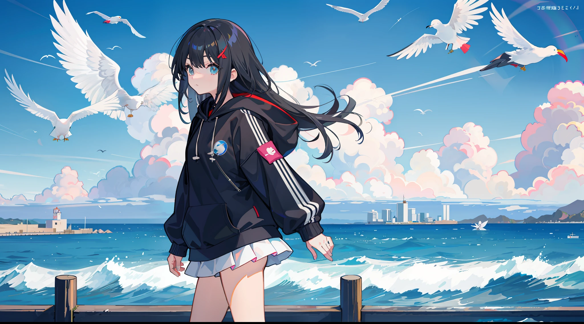 teens girl，Hooded sweatshirt，Uniforms，black long straight hair，with fair skin，Slim，sea beach，breakwater，Skysky，​​clouds，seagulls，Detailed background，vessels