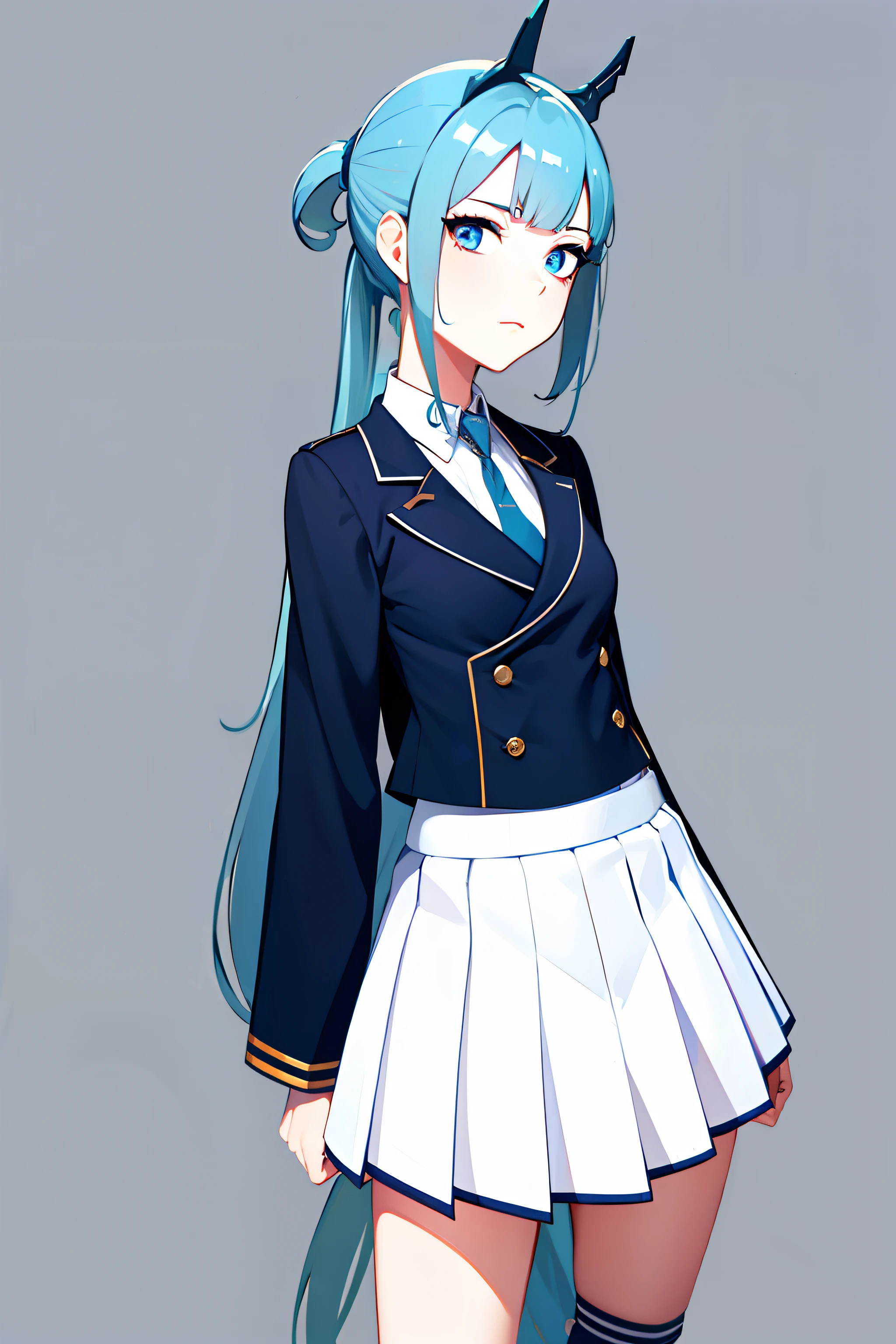 Kizi，standing on your feet，Blue hair，Single horsetail，solo person，The upper part of the body，cowboy lens，greybackground，Blue eyes，White school uniform