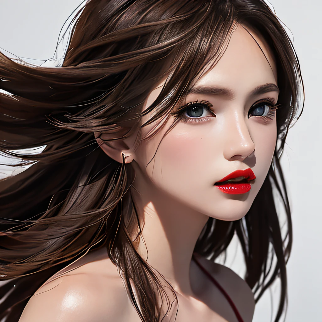 (8K, RAW Photos, of the highest quality, Masterpieces: 1.2), (Realistic, Photorealistic: 1.37), Highest Quality, Ultra High Resolution, light  leaks, Dynamic lighting, Slim and smooth skin, (Full body:1.3), (Soft Saturation: 1.6), (Fair skin: 1.2), (Glossy skin: 1.1), Oiled skin, 22 years old, Night, shiny white blonde, Well-formed, Hair fluttering in the wind, Close-up shot of face only, Physically Based Rendering, From multiple angles, The bikini, Red glowing lipstick