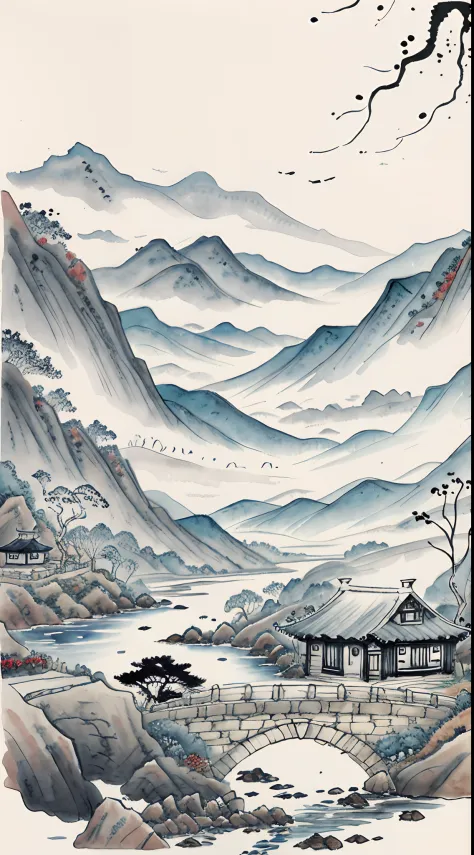 China ink painting，ink and watercolor painting，water ink，ink，Smudge，Small bridges and flowing water，a small cottage nestled in t...