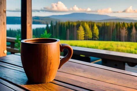 photo, indoor, soft, vivid, zeiss_style,coffee on table, wood cup of coffee,evening outdoors, masterpiece, best quality, super d...