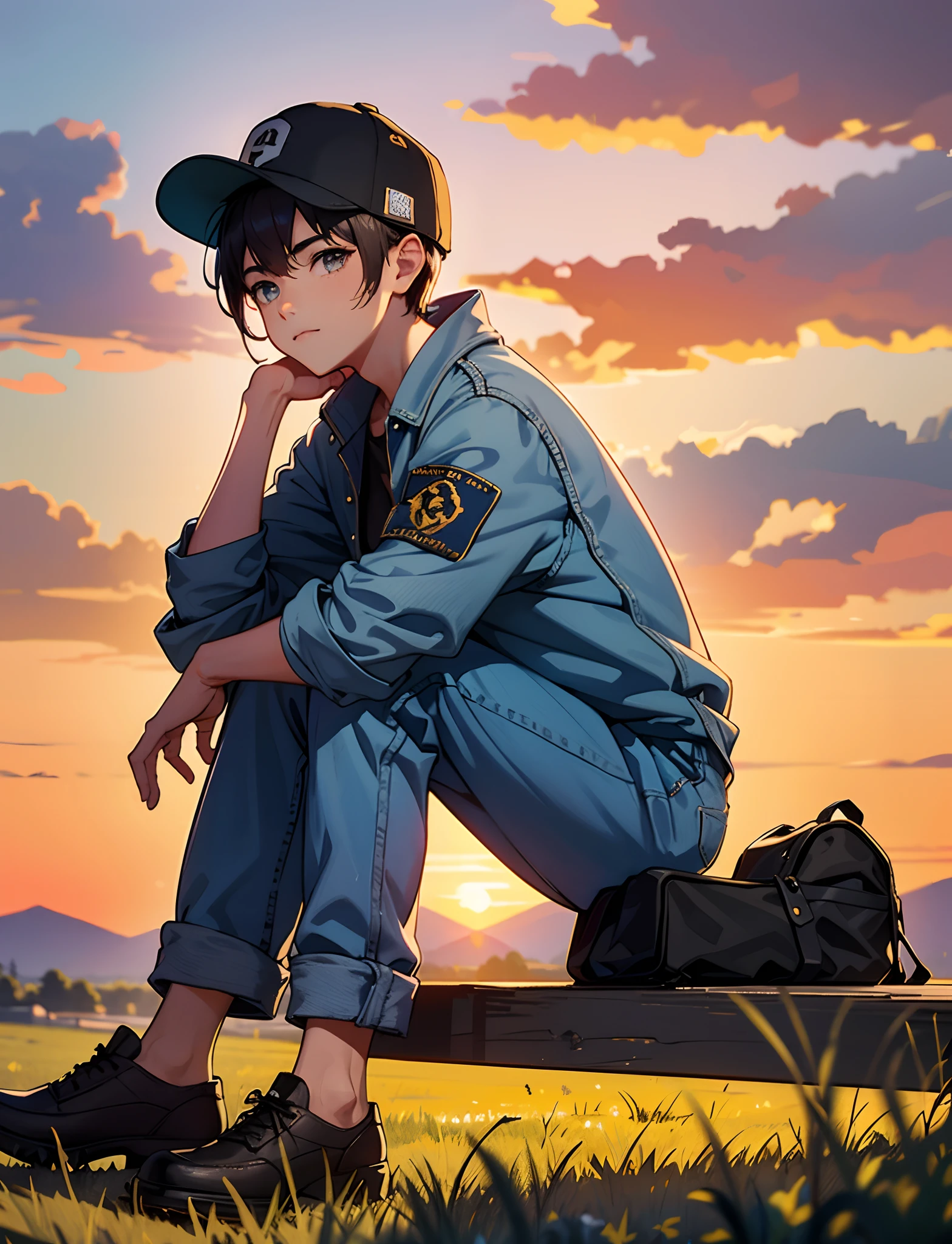 A young boy with，Wear a denim jacket，With a baseball cap，Sit on the rocks of the meadow，Looking at the sky，The background is the village，Sunset and sunset，Full body photo，Ultra-high definition