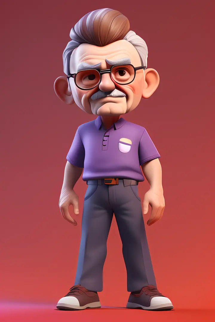 3dcharacter,old man,(full body:1.2),simple background, masterpiece,best quality,(red gradient background:1.1) ADDBASE 
 ADDCOL 
 ADDROW 
 brown hair ADDROW 
 (Purple shirt:1.1)  ADDROW 
 (black trousers:1.1),sports shoes  ADDROW 
 ADDCOL
