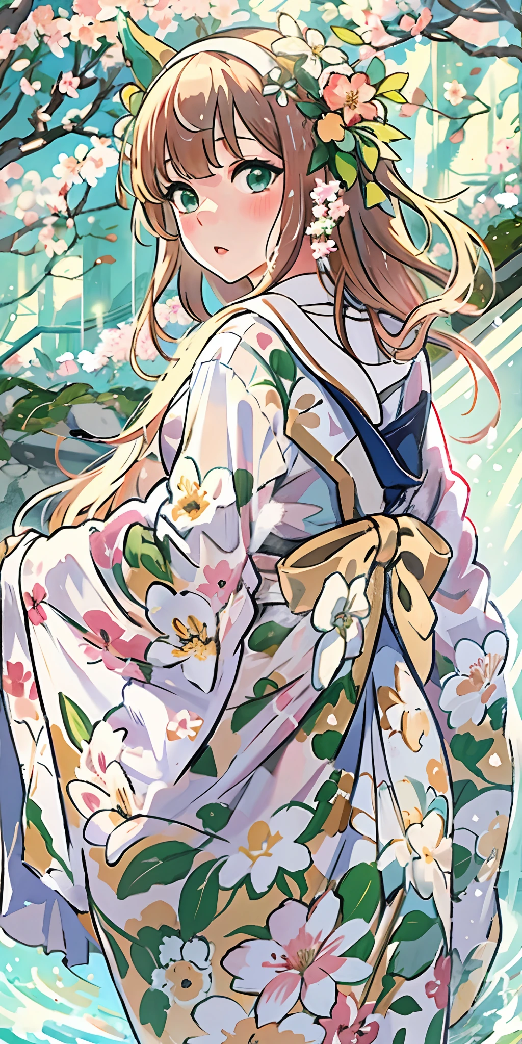 obra de arte, melhor qualidade, uma pose de costas, grande angular de corpo inteiro, corar,
Silêncio Suzuka \(umamusume\),yukata floral verde e branco, Festival,