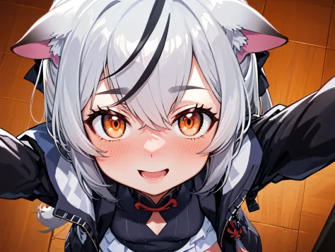 masutepiece, top-quality, ultra-details, Solo Focus, 
(1KOKONA, open arms for viewer), 
pigeon toed, 
small tits, White hair, Orange Eye, Smile:0.8, blush:1.3, 
Black clothes, Black jacket, White skirt, 
(From-front-above, Close-up Face:1.4),