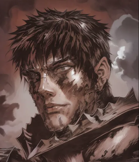 anime drawing of a man wearing armor, portrait of guts from berserk, guts from berserk, wounded, blood, black steel armor