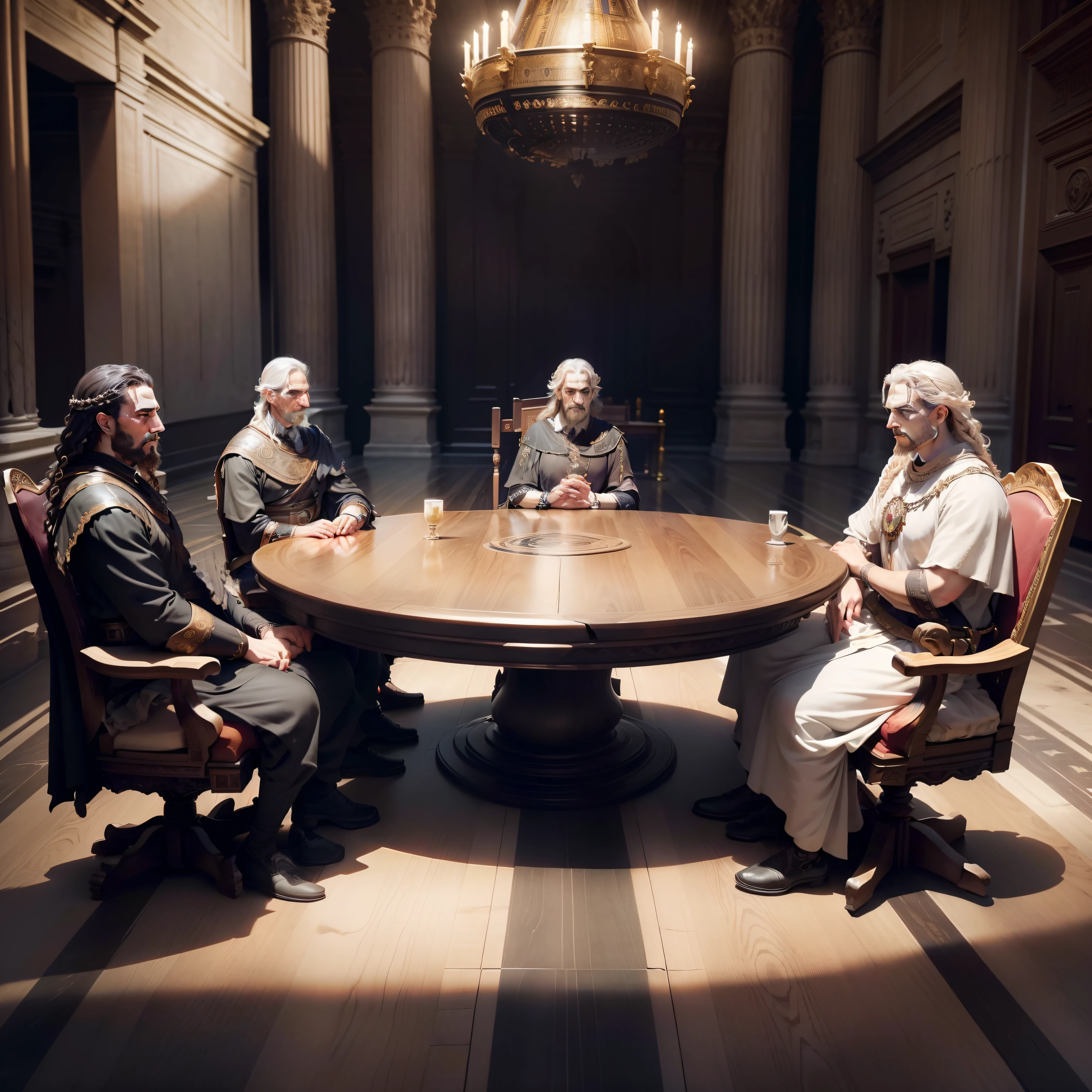 ((Majestic and ominous) five high ranked Roman senators dramatically sitting around a massive ancient table in the grand hall of the Roman Senate building. Lifelike expressions and intense gazes as they unveil their elaborate plot). Incredibly intricate facial details. Historical.