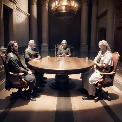 ((Majestic and ominous) five high ranked Roman senators dramatically sitting around a massive ancient table in the grand hall of...