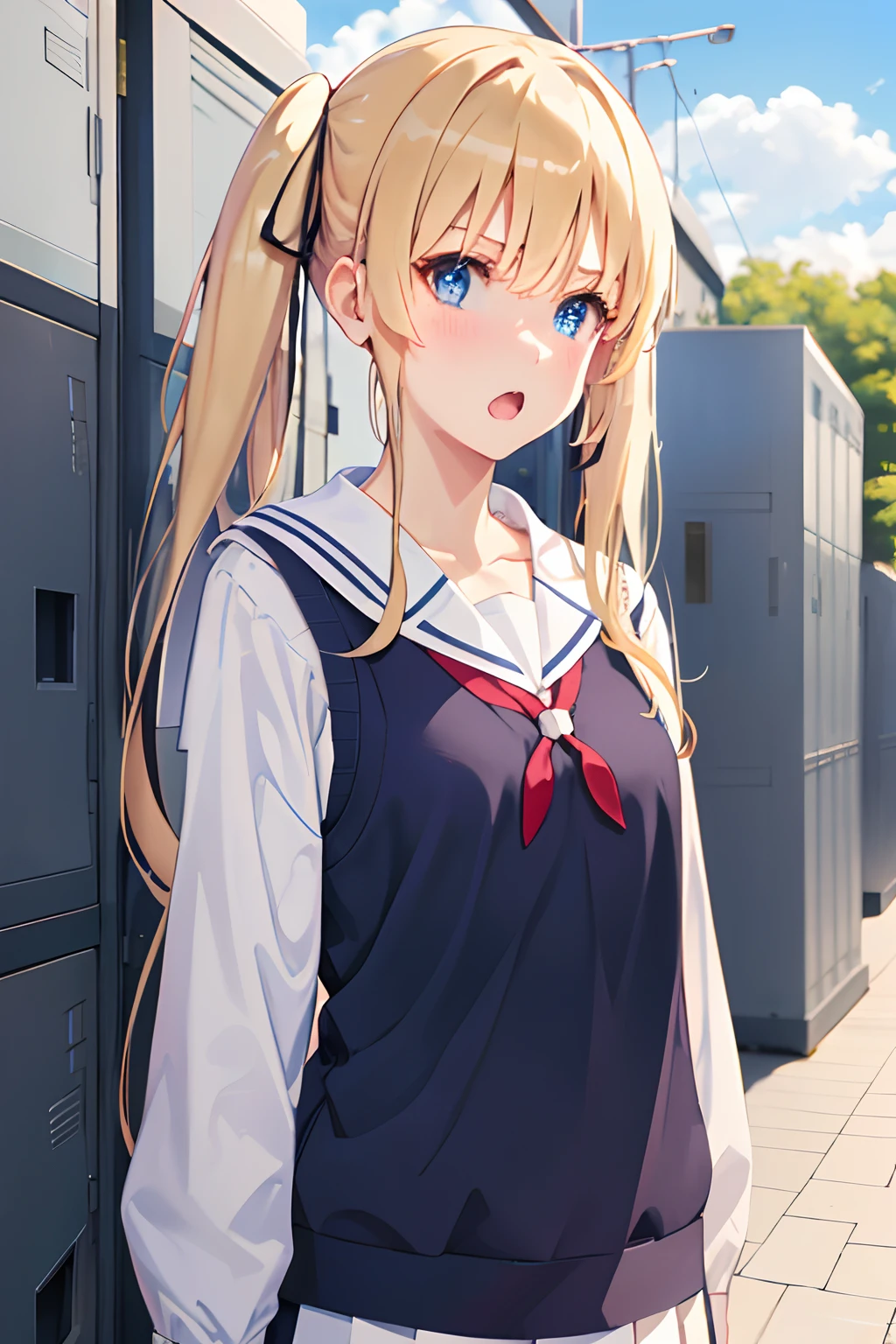 ph_eriri, sawamura spencer eriri, 1girl, blonde hair, blue eyes, school uniform, twintails, solo, fang, long hair, open mouth, hair ribbon, locker, anime coloring, parody, serafuku, blush, upper body, bangs, sweater vest, black ribbon, cloudy sky, sky, trees, full body,
, (masterpiece:1.6, best quality), (finely detailed beautiful eyes: 1.2),