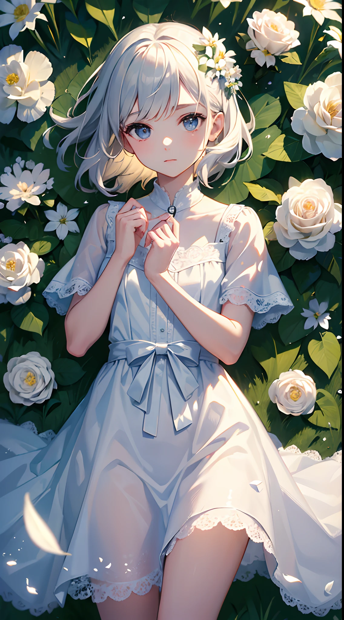 (masterpiece, best quality:1.6), white lace dress, cowboy shot, thighs, beautiful girl, (flowers, many small white petals:1.3), garden, blue sky, looking at viewer, small waist, official art, raw photo, incredibly absurdres, facelight, dynamic lighting, cinematic lighting, ultra realistic, highres, photography, sharp focus, highest detailed, extreme detailed, ultra detailed, finely detail, extremely detailed eyes and face