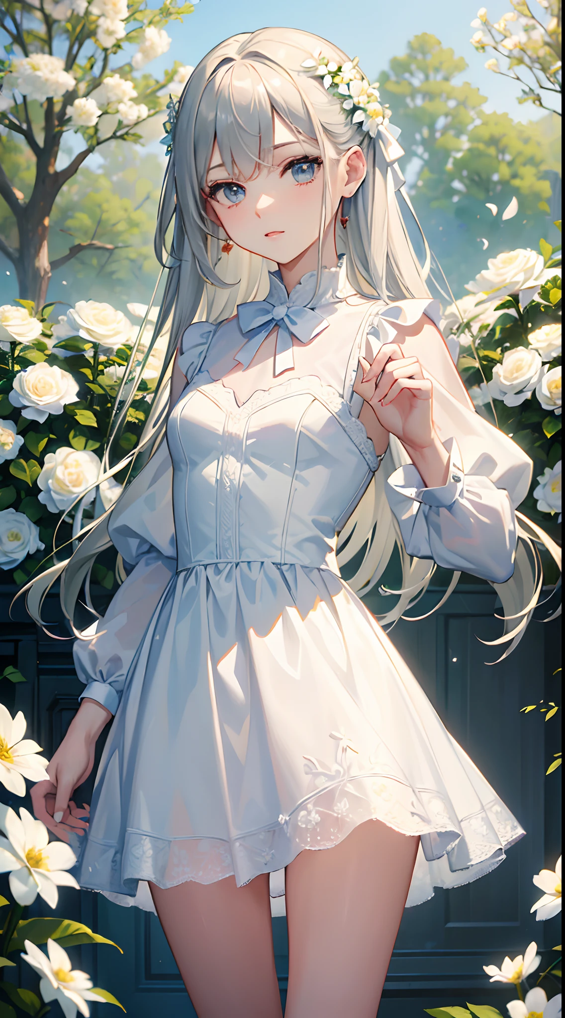 (masterpiece, best quality:1.6), white lace dress, cowboy shot, thighs, beautiful girl, (flowers, many small white petals:1.3), garden, blue sky, looking at viewer, small waist, official art, raw photo, incredibly absurdres, facelight, dynamic lighting, cinematic lighting, ultra realistic, highres, photography, sharp focus, highest detailed, extreme detailed, ultra detailed, finely detail, extremely detailed eyes and face