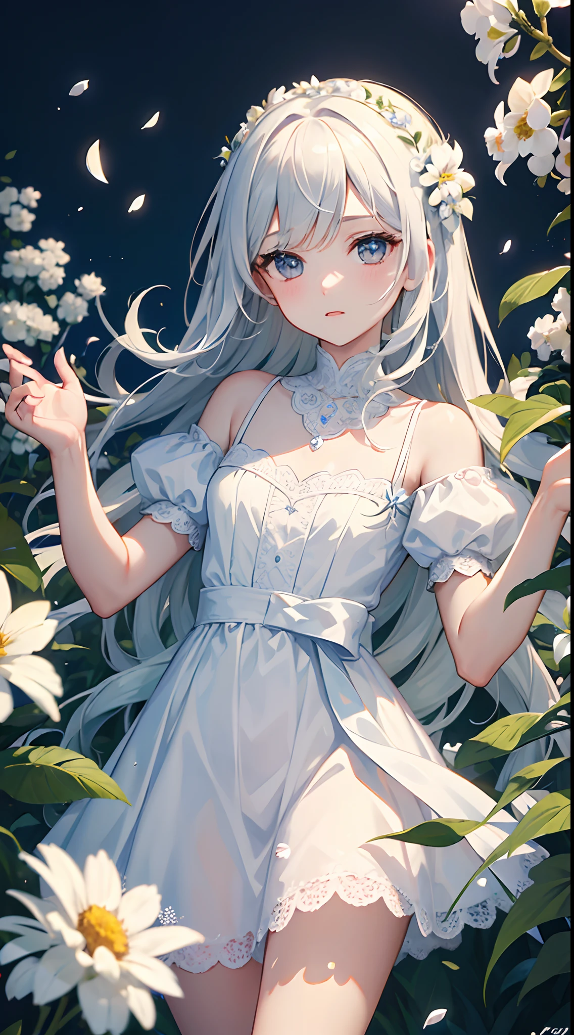 (masterpiece, best quality:1.6), white lace dress, cowboy shot, thighs, beautiful girl, (flowers, many small white petals:1.3), garden, blue sky, looking at viewer, small waist, official art, raw photo, incredibly absurdres, facelight, dynamic lighting, cinematic lighting, ultra realistic, highres, photography, sharp focus, highest detailed, extreme detailed, ultra detailed, finely detail, extremely detailed eyes and face