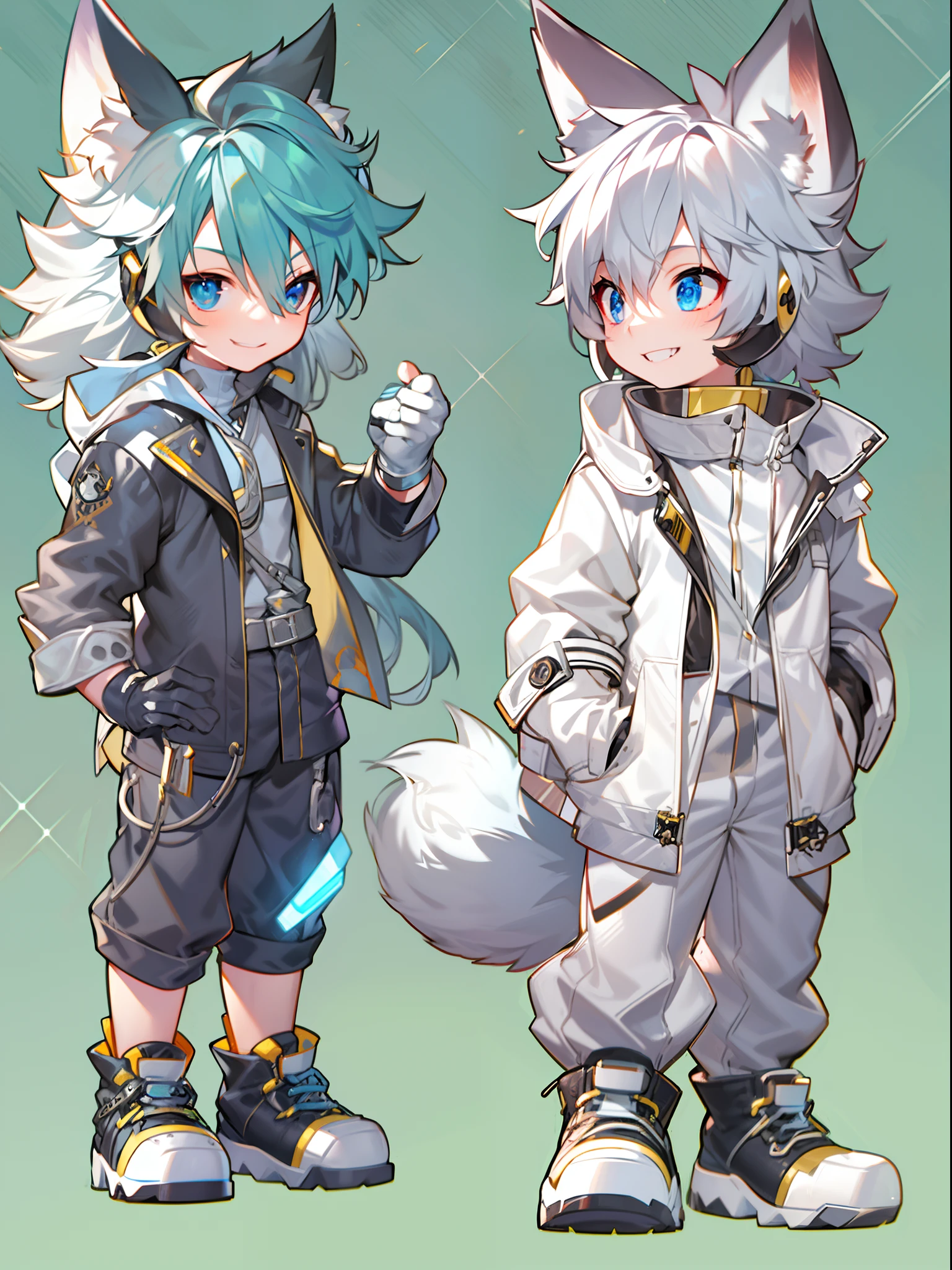 Game CG，4K quality，((younge boy))，juvenile sense，Anime male protagonist，Wolf ears，Beast tail，Toothy smile，Locomotive goggles，White-blue jumpsuit，White fingerless gloves，Racing boots，Mecha，ventania，Light effects，Full body like