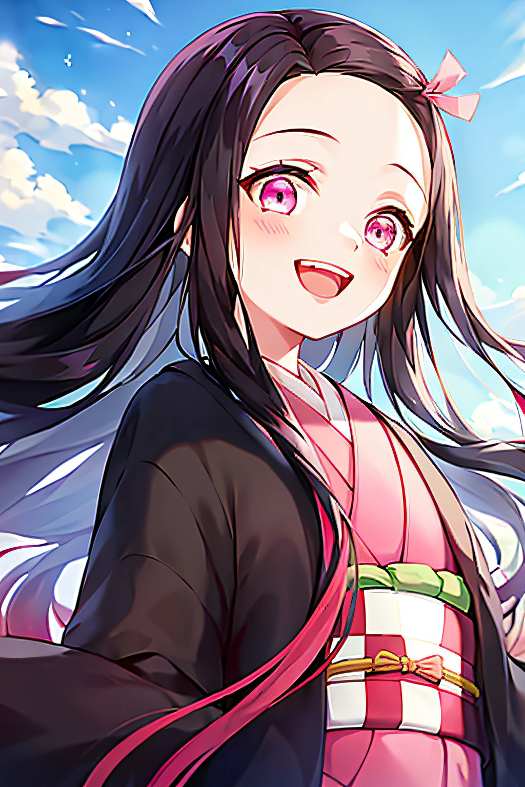 kamado nezuko, 1girl, black hair, forehead, hair ribbon, japanese clothes, kimono, long hair, multicolored hair, open mouth, pink eyes, pink kimono, pink ribbon, ribbon, smile, very long hair, sky, ((masterpiece))