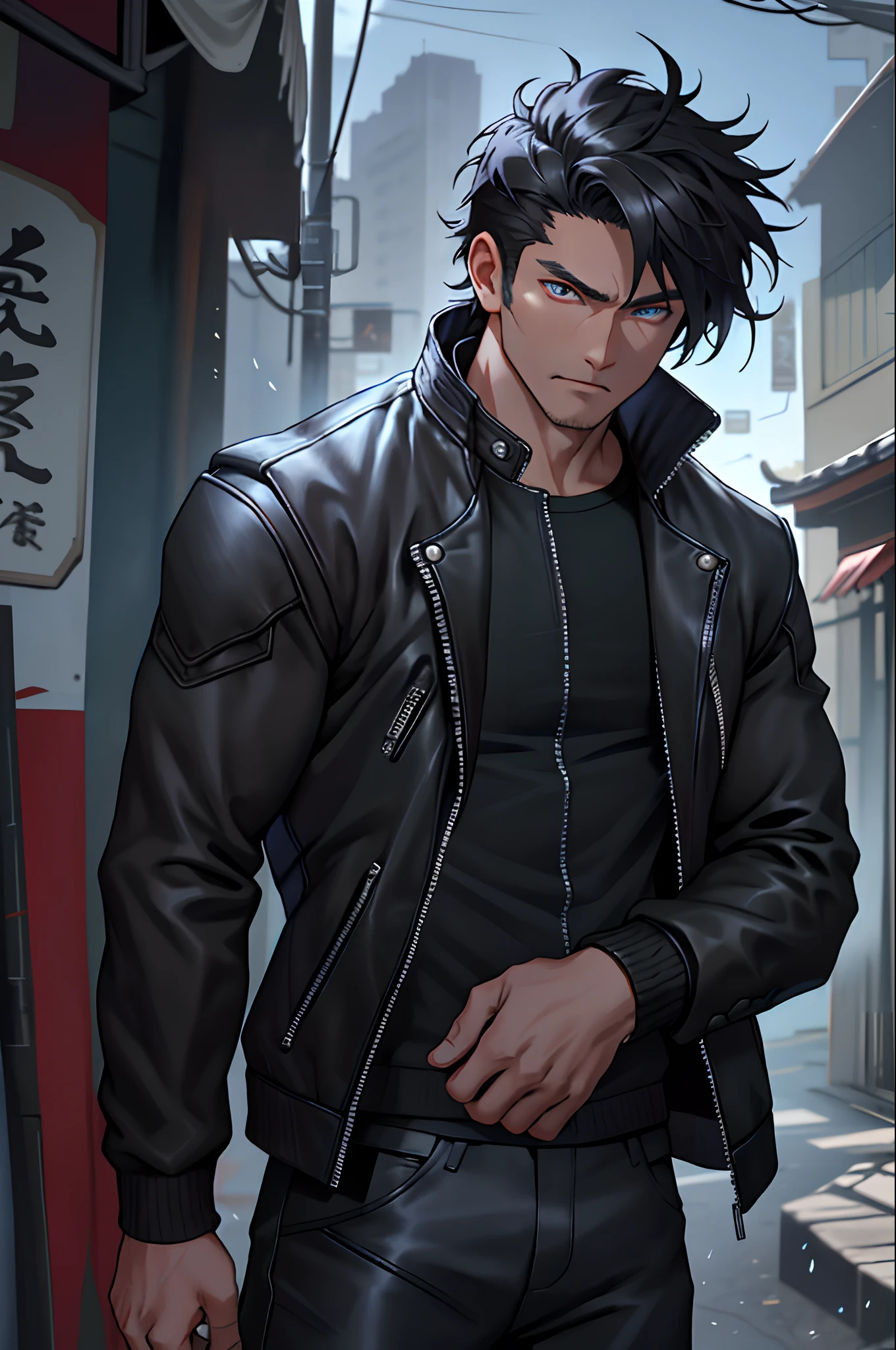 （cowboy lens）， SFW， （tmasterpiece）， （best qualtiy：1.0）， （超高分辨率：1.0）， Delicate eyes break TonraqTLOK ， male people， black biker jacket， Gilet blanc， Black leather pants， Spikes， Horseback breaking YH motorcycle breaking outdoors，beautful view