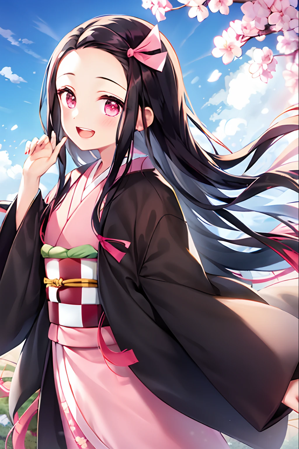 kamado nezuko, 1girl, black hair, forehead, hair ribbon, japanese clothes, kimono, long hair, multicolored hair, open mouth, pink eyes, pink kimono, pink ribbon, ribbon, smile, very long hair, sky, ((masterpiece))