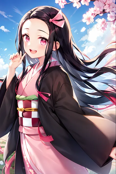 kamado nezuko, 1girl, black hair, forehead, hair ribbon, japanese clothes, kimono, long hair, multicolored hair, open mouth, pin...