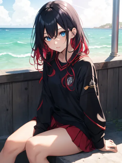 1girl in、colorful strands of hair、shinny skin、Kawaii Girl、Glare、rays of sunshine、Red and black gradient hair、sea side、Bare legged、Blue eyes、sitting on、student clothes、kawaii、