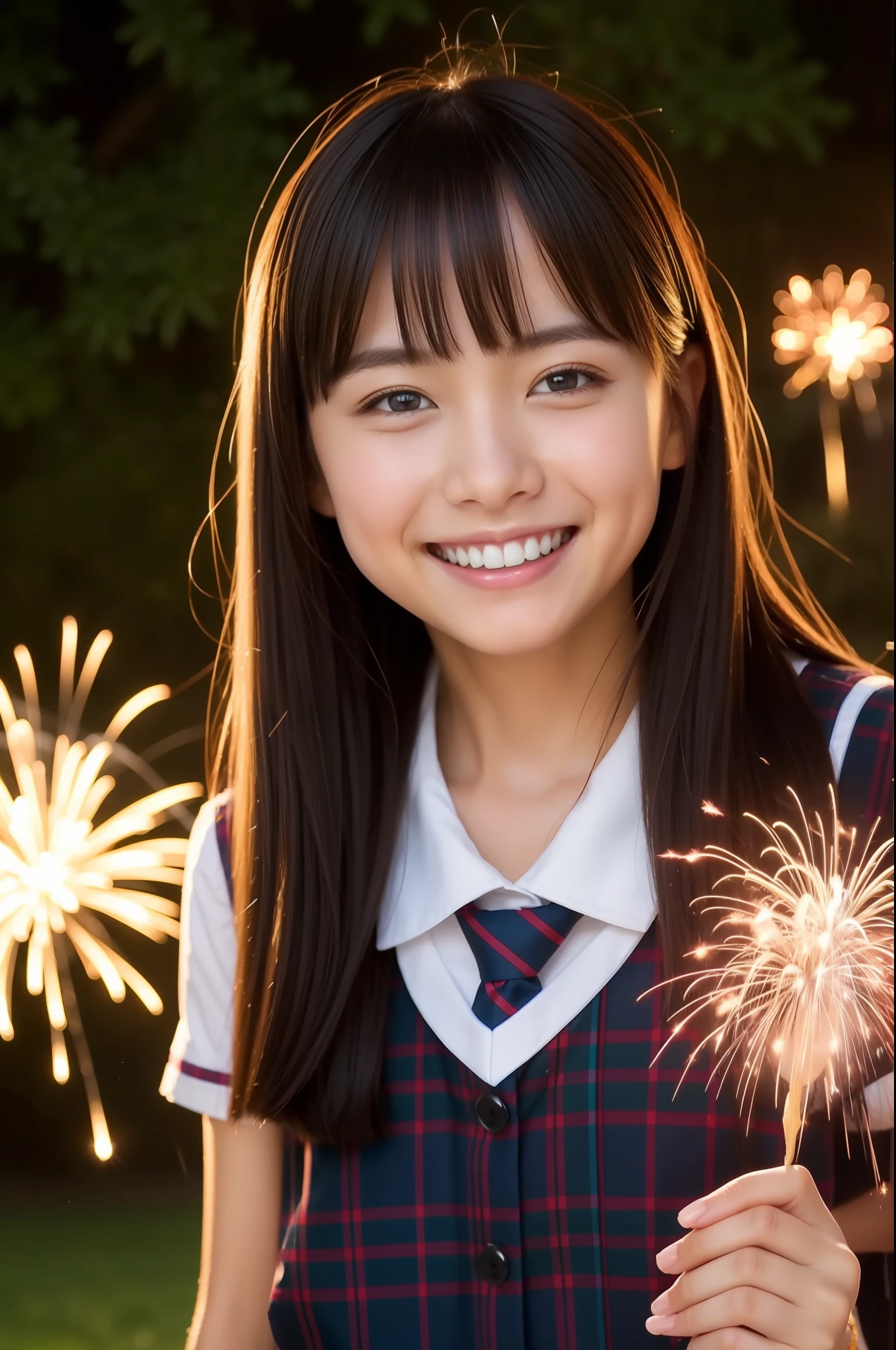 A smile、hi-school girl、While doing fireworks