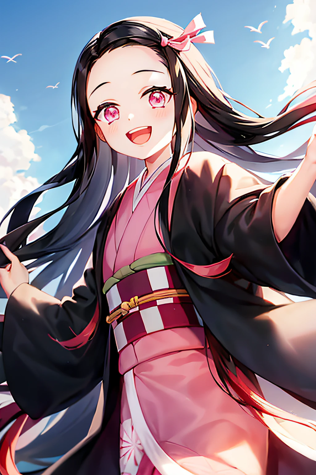 Kamado Nezuko, 1fille, cheveux noirs, front, hair ruban, vêtements japonais, kimono, cheveux longs, cheveux multicolores, bouche ouverte, Yeux roses, Kimono rose, pink ruban, ruban, sourire, very cheveux longs, Ciel, ((chef-d&#39;œuvre))