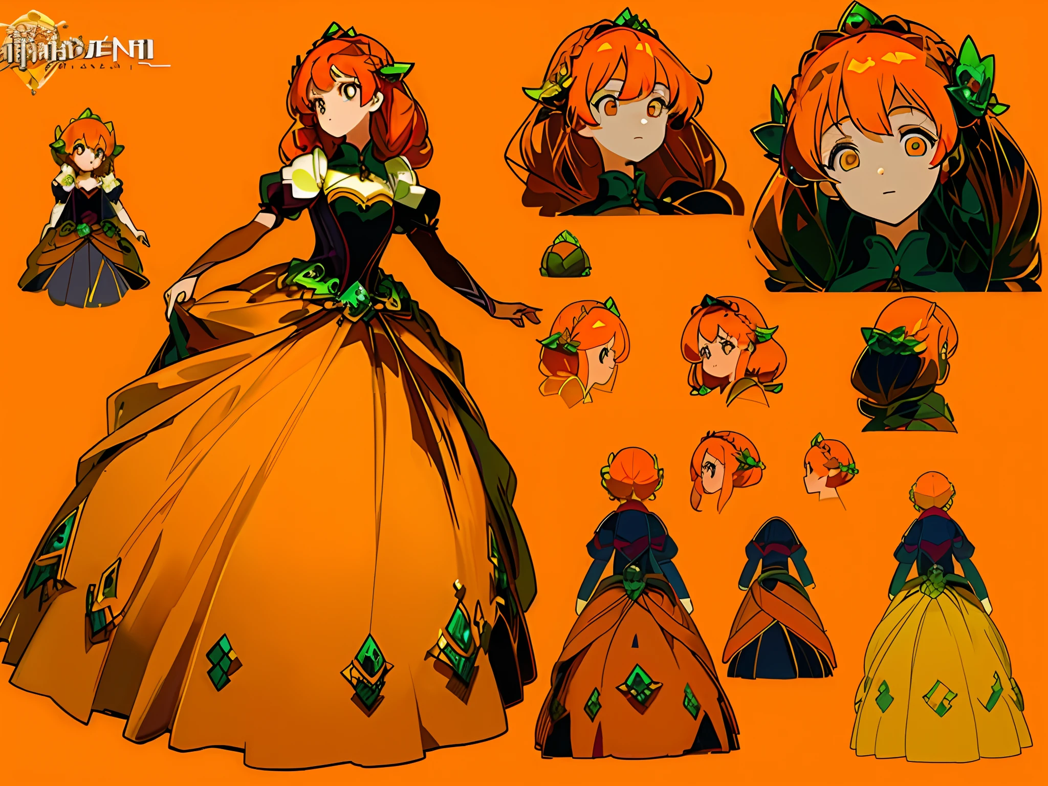 ((masterpiece)),(((best quality))),（character design sheet,Same role,frontage,Lateral face,on  back),illustration,1个Giant Breast Girl,Orange hair,There are two small braids，Hair on the eyes，pretty eyes,The environment changes，Pose Zi too，Tight gel coat，adolable，charturnbetalora，（simplebackground，white backgrounid：1.3）