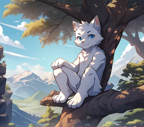A white furry cat sits on the root of a tree on the side of the mountain，looking at the distance，The white！White kitten！