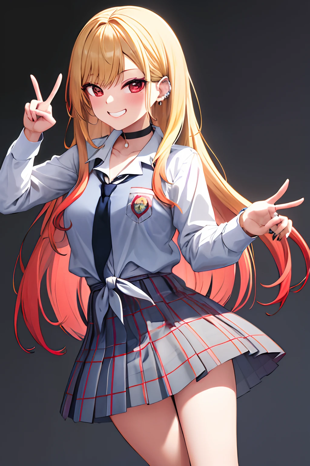 masterpiece, best quality, highres, kitagawa marin, 1girl, blonde hair, long hair, multicolored hair, red eyes, jewelry, earrings, piercing, , white shirt, tied shirt, black choker, blue necktie, plaid skirt, leaning forward, grin, peace sign